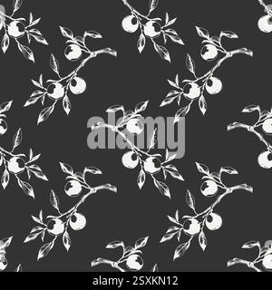 Motif de branche de mandarine avec des fruits, impression blanche sur fond sombre. Illustration vectorielle Illustration de Vecteur