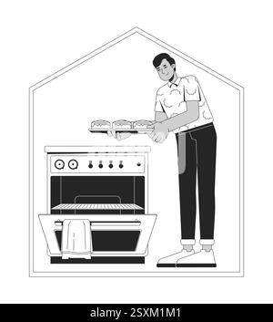 Homme indien faisant cuire des rouleaux à la cannelle dans une cuisine confortable à la maison noir et blanc caractère de ligne 2D. Illustration de Vecteur