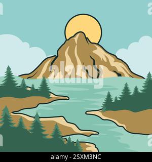 Paysage de montagne et de mer avec coucher de soleil, fond de nature vectorielle Illustration de Vecteur