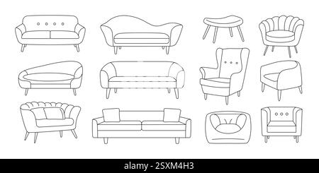 Doodle icônes de meubles de maison. Croquis de chaise de canapé dessinés à la main, éléments de mobilier intérieur de salon en ligne, coussin de divan décoratif de contour Illustration de Vecteur