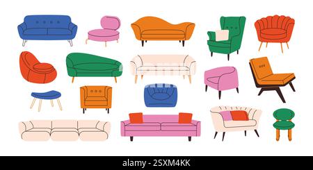 Mobilier moderne. Canapés confortables, chaises, fauteuils, poufs et canapés avec coussins, intérieur du salon avec des sièges rembourrés élégants dessin animé Illustration de Vecteur