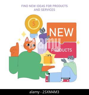 Illustration de marketing de produit mettant en évidence le processus créatif pour générer de nouvelles idées. Il met en avant la pensée innovante et la collaboration, avec des personnages qui s'engagent dans les concepts et les visuels des produits. Illustration vectorielle. Illustration de Vecteur