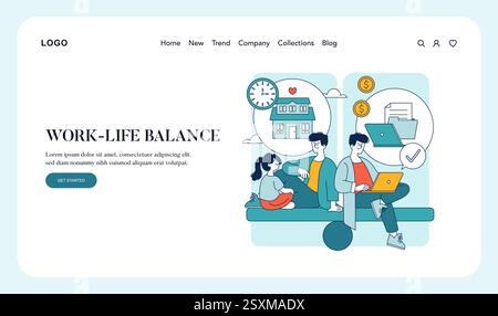 Concept d'équilibre entre vie professionnelle et vie privée. Illustrant l'harmonie entre la vie familiale et la vie professionnelle, en mettant l'accent sur la gestion efficace du temps et la stabilité financière. Souligne l'importance du bien-être mental et de la productivité dans les environnements personnels et professionnels. Illustration vectorielle. Illustration de Vecteur