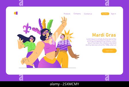 Illustration de célébration de mardi gras. Des costumes et des masques colorés définissent l'esprit de mardi gras, mettant en valeur l'excitation et la joie de l'événement. Les figures dansantes joyeuses symbolisent le patrimoine culturel et la vitalité du festival. Illustration vectorielle. Illustration de Vecteur