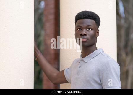 Portrait d'un jeune homme noir sérieux portant un polo gris, touchant une colonne et regardant loin Banque D'Images