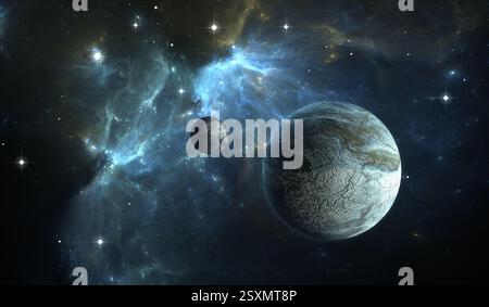 Planète extrasolaire. Planète de pierre avec lune sur fond nébuleuse. Banque D'Images
