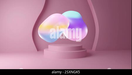 Formes abstraites colorées flottant sur un piédestal rose dans l'image Banque D'Images