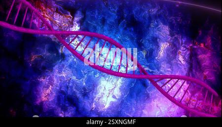 Image de brin d'ADN sur fond tourbillonnant bleu et violet abstrait Banque D'Images