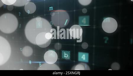 Floating bokeh lights image over digital grid with letters and numbers Banque D'Images