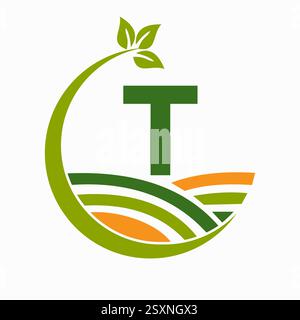 Lettre initiale T logo Agriculture et Agriculture combiné avec symbole champ et feuille Illustration de Vecteur