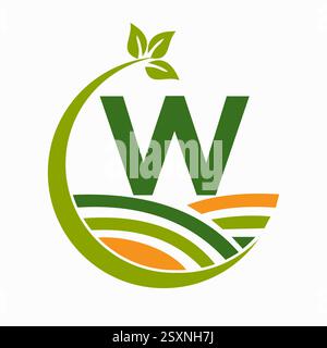 Lettre initiale W logo Agriculture and Farming combiné avec symbole champ et feuille Illustration de Vecteur