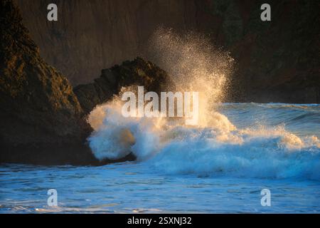 Des vagues dynamiques s'écrasent contre des rochers accidentés à Marin Headlands Banque D'Images