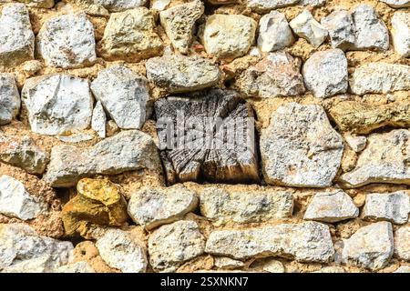Grain d'extrémité de poutre de chêne structurelle altérée dépassant du mur de pierre du bâtiment ols - Vienne (86), France. Banque D'Images