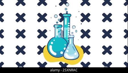 Verrerie de laboratoire avec image de liquides bouillonnants sur fond croisé Banque D'Images