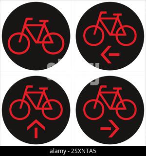 Quatre panneaux rouges indiquant les directions autorisées sur un fond circulaire noir. Illustration de Vecteur