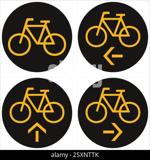 Quatre panneaux ronds noirs et jaunes indiquant les directions autorisées pour les cyclistes Illustration de Vecteur