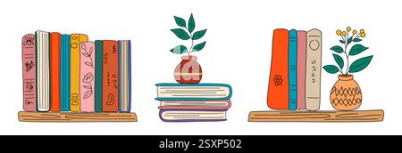 Les livres s'empilent sur l'étagère. Étagères, bibliothèque à la maison Illustration de Vecteur