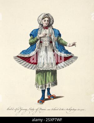 Vêtements historiques, mode à travers le temps, vêtements typiques d'une jeune femme sur Naxis, Naxus, une île de l'archipel, en 1700, Grèce, restauré numériquement reproduction d'un original du 18ème/19ème siècle, date exacte inconnue, Historische Kleidung, mode im Laufe der Zeit, Typische Kleidung einer Jungen Frau auf Naxis, einer Insel im Archipel, im Jahr 1700, Griechenland, digital ierte Rektion Voraus produdem 18/19. Jahrhundert, genaues Datum nicht bekannt Banque D'Images