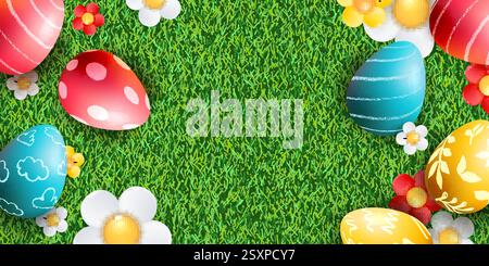 Bannière de Pâques, affiche, fond horizontal de carte de voeux. Oeufs 3d colorés, Marguerite, fleurs de camomille sur pelouse d'herbe verte. Illustration de vacances vectorielles Illustration de Vecteur