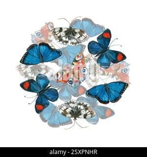 Composition ronde de papillons de différentes couleurs, Peacock eye, Morpho, papillons bleu vif, noir et blanc. Tous les objets sont dessinés à la main avec Banque D'Images