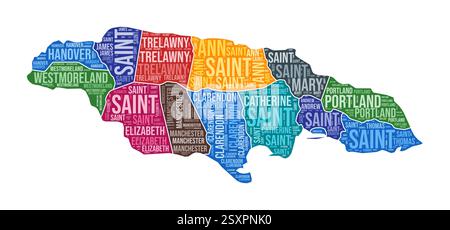 Forme Jamaïque. Nuage de mots de pays avec division de région. Illustration couleur Jamaïque. Nuage de noms de région. Illustration vectorielle. Illustration de Vecteur