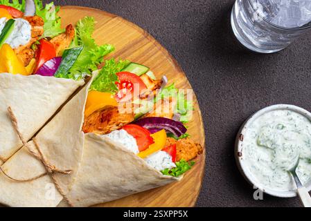 Wraps de poulet grec souvlaki ou gyros avec légumes et sauce tzatziki. Nourriture gyro grecque. Doner kebab turc dans du pain pita. Banque D'Images