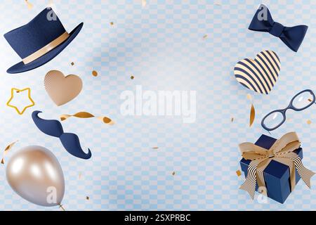 Décorations festives avec chapeaux, verres et ballons pour une célébration ou une fête de fête des pères. rendu 3d. Banque D'Images