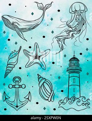 Grand ensemble de beaux autocollants marins - Design Line Art sur un fond aquarelle turquoise. modèles pour l'impression d'autocollants et de textiles Banque D'Images