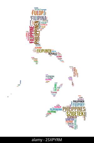 Nuage de mots en forme de pays Philippines. Illustration de pays de style typographique. Image Philippines dans le style nuage de texte. Illustration vectorielle. Illustration de Vecteur