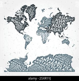 Les nuages de mots des continents du monde. Forme du monde sur fond texturé. Style typographique. Illustration vectorielle créative. Illustration de Vecteur
