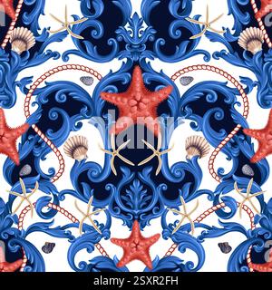 Modèle sans couture avec des éléments baroques, corde, étoiles de mer. Vecteur. Illustration de Vecteur