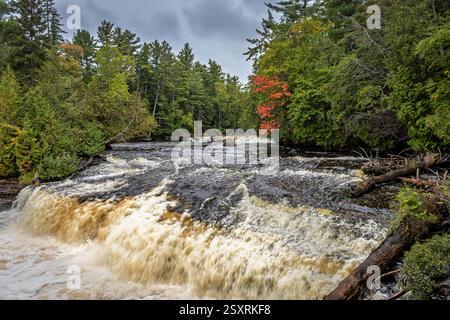 La cascade de Tahquamenon coule en cascade sur un terrain rocheux, entouré d'arbres verdoyants et d'un soupçon de feuillage d'automne sous un ciel couvert et de humeur sombre. Banque D'Images