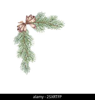 Branches de sapin avec des aiguilles vertes et une illustration d'aquarelle de noeud de ruban de satin brun. Plantes forestières pour l'hiver, Noël et le décor du nouvel an. Isolat Banque D'Images