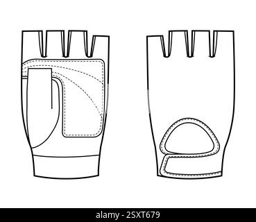 Gants d'entraînement accessoire de main de mode vêtements d'haltérophilie illustration technique vêtement. Vue arrière de paume avant de vecteur pour hommes, femmes, modèle plat de modèle unisexe CAD maquette contour d'esquisse sur blanc Illustration de Vecteur