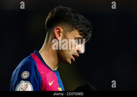 Barcelone, Espagne. 25 février 2025. Pedri (FC Barcelone) réagit lors du match de football de la Copa del Rey entre le FC Barcelone et l'Atletico de Madrid, au stade Lluis Companys le 25 février 2025 à Barcelone, Espagne. Foto : Siu Wu crédit : dpa/Alamy Live News Banque D'Images