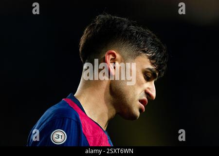 Barcelone, Espagne. 25 février 2025. Pedri (FC Barcelone) réagit lors du match de football de la Copa del Rey entre le FC Barcelone et l'Atletico de Madrid, au stade Lluis Companys le 25 février 2025 à Barcelone, Espagne. Foto : Siu Wu crédit : dpa/Alamy Live News Banque D'Images