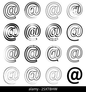 Jeu de symboles d'e-mail. Motif de contour noir. Icône de communication Internet. Elément de typographie numérique. Illustration de Vecteur