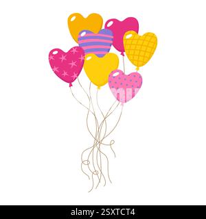 Illustration ballons en forme de coeur. Ballons à motifs colorés de faisceau de dessins animés décoratifs. Ballon volant de conception vectorielle pour la carte de Saint-Valentin, célébration d'anniversaire, décoration de fête d'événements festifs Illustration de Vecteur