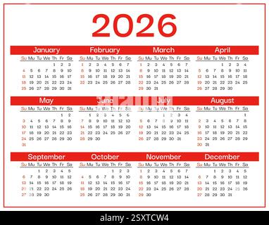 Modèle calendrier 2026. La semaine commence le dimanche. Calendrier mensuel mural 2026 dans un style minimaliste. Calendrier de bureau de planificateur de conception d'entreprise, organisateur de bureau. Impression de modèle moderne. Illustration vectorielle Illustration de Vecteur