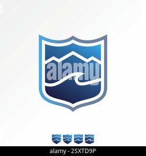 Conception de logo concept graphique créatif premium vecteur image stock top vendre badge bouclier côte vague plage montagne tropicale à destination paisible voyage Illustration de Vecteur