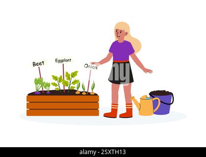 Jardinage de fille avec des légumes dans un jardin à la maison par temps ensoleillé Illustration de Vecteur