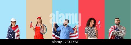 Ensemble de différentes personnes avec des drapeaux USA sur fond de couleur Banque D'Images