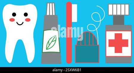 Essentiels de soins dentaires avec illustrations des outils et de la dent souriante Illustration de Vecteur
