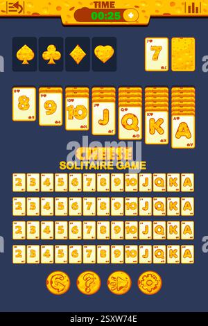 Jouer à l'interface de jeu de solitaire dans Cheese Theme, boutons pour votre développement de jeu. Écran de gameplay Solitaire. Jeu complet de cartes à jouer au poker Illustration de Vecteur