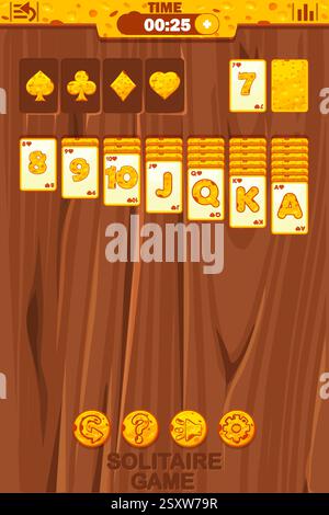 Jouer à l'interface de jeu de solitaire dans Cheese Theme, boutons pour votre développement de jeu. Écran de gameplay Solitaire. Table ou fond en bois Illustration de Vecteur