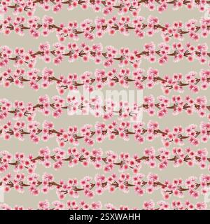 Branches florissantes roses d'un arbre de printemps fleurissant avec des fleurs. Modèle sans couture de fleurs de cerise, pomme, amande sur un fond gris. Aquarelle Banque D'Images