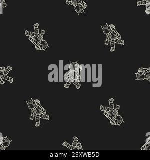 Astronautes monochrome sans couture. Noir et blanc doodle art sur un fond sombre. Aventures spatiales et voyages dans l'univers. Motif imprimé vectoriel enveloppant en tissu Illustration de Vecteur
