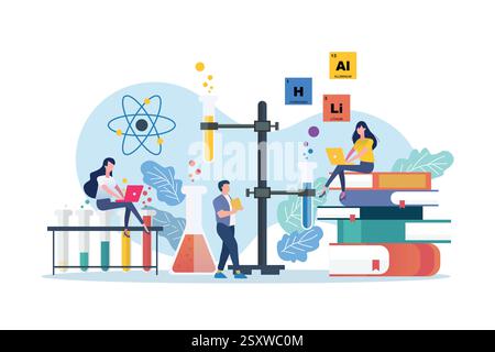Laboratoire scientifique et classe scolaire. Scène de chimie avec des gens miniatures. Illustration vectorielle d'éducation. Illustration de Vecteur