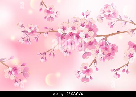 Branches de fleurs de cerisier sur un fond rose clair doux. Pour les cartes de Pâques et de printemps avec un espace pour le texte. Fond de nature abstraite de printemps floral. Branches avec des fleurs roses. Illustration de Vecteur