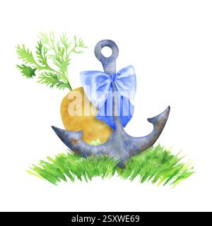 Ancre marine ludique avec un arc sur un fond de carotte et d'herbe. Aquarelle dessinée à la main isolée sur fond blanc. Parfait pour le design des enfants Banque D'Images